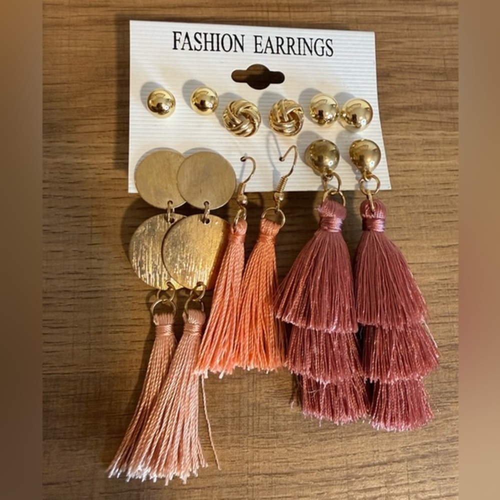 Gold Fashion Earrings Set Studs & Tassel Dangles Blush & Mauve (6 Pairs)